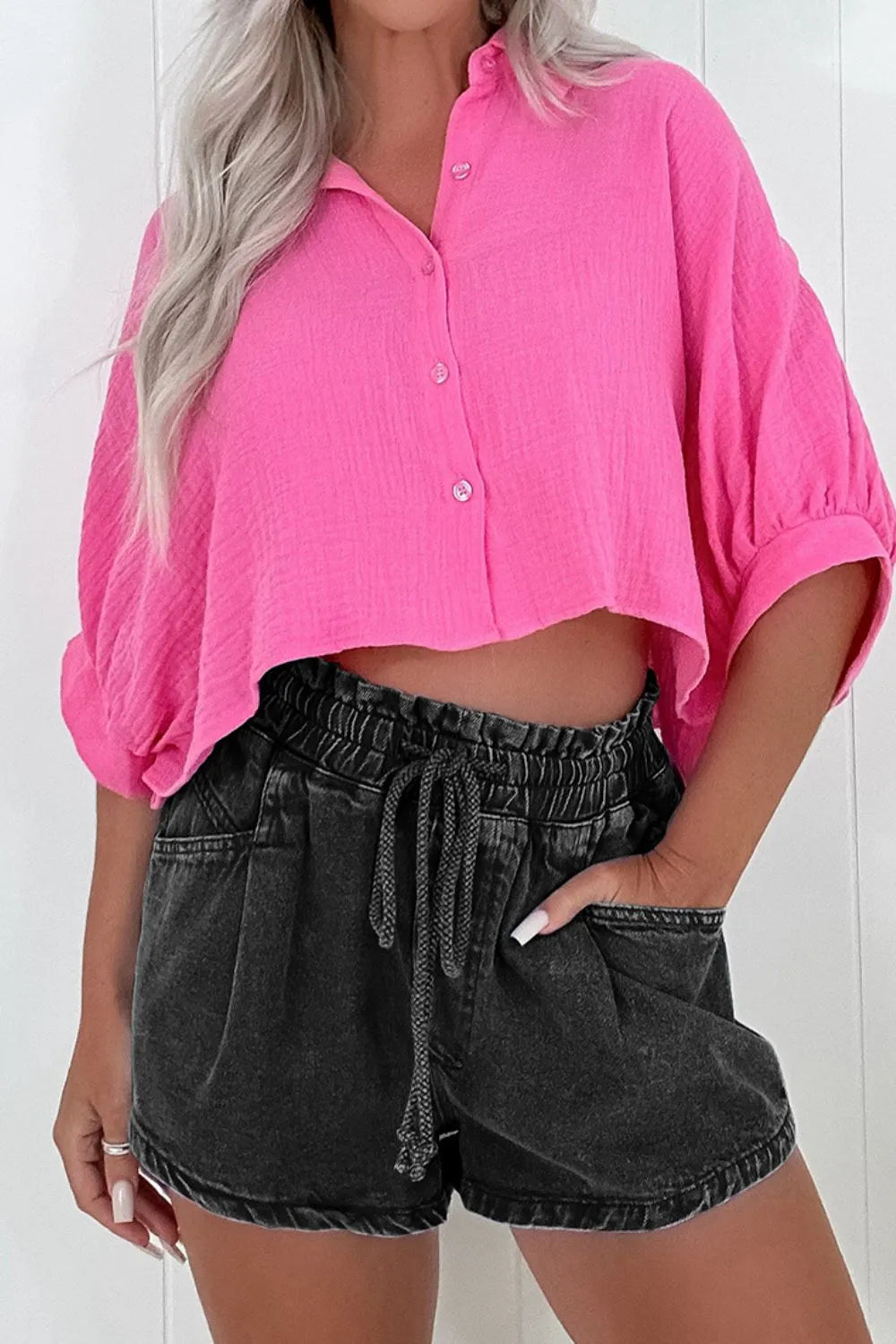 Drawstring High Waist Denim Shorts with Pockets Fitggins