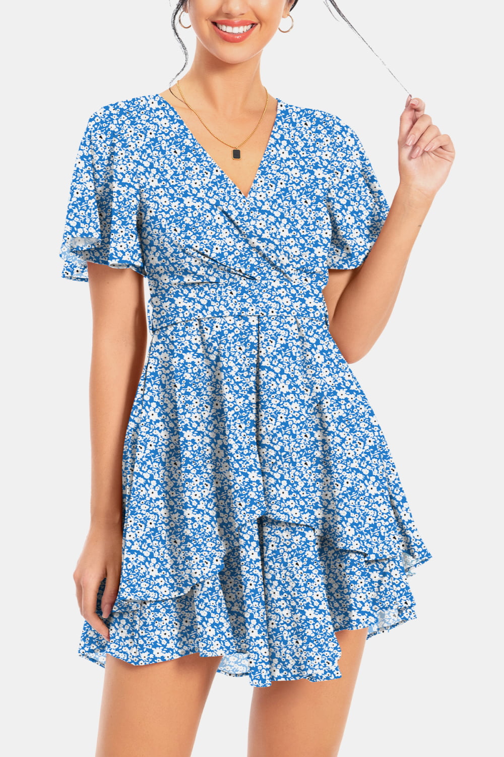 Surplice Neck Flutter Sleeve Dress - Casual & Maxi Dresses - FITGGINS