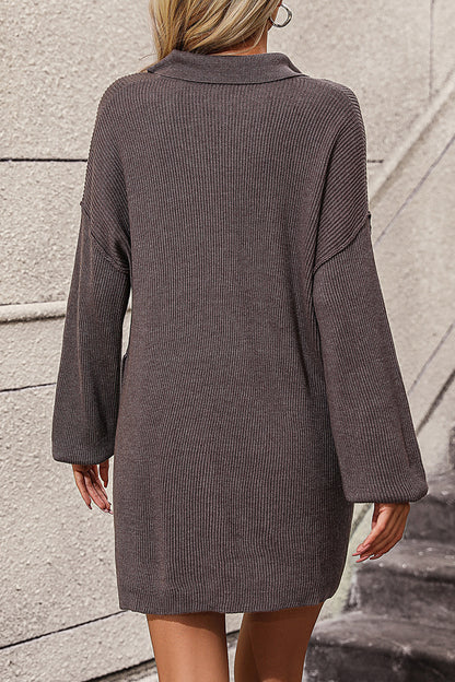 Collared Neck Long Sleeve Sweater Dress with Pockets - Sweater Dresses - FITGGINS