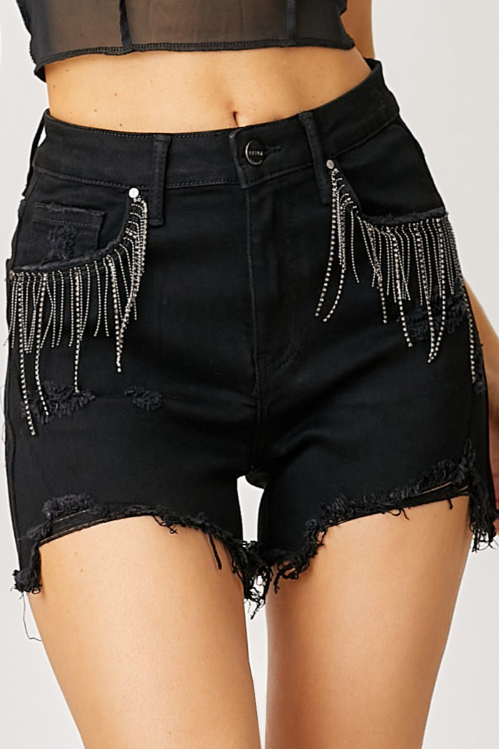 RISEN Frayed Hem Denim Shorts with Fringe Detail Pockets - Denim Shorts - FITGGINS