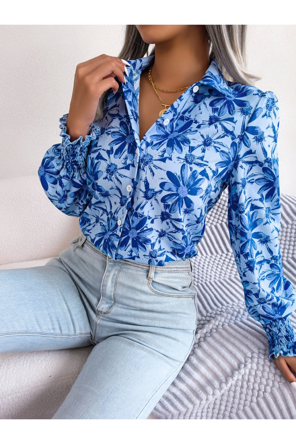 Floral Collared Neck Long Sleeve Shirt - Shirts - FITGGINS