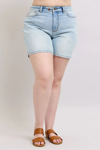 Judy Blue Full Size 2-Button Denim Shorts with Pockets — Plus Size Fitggins
