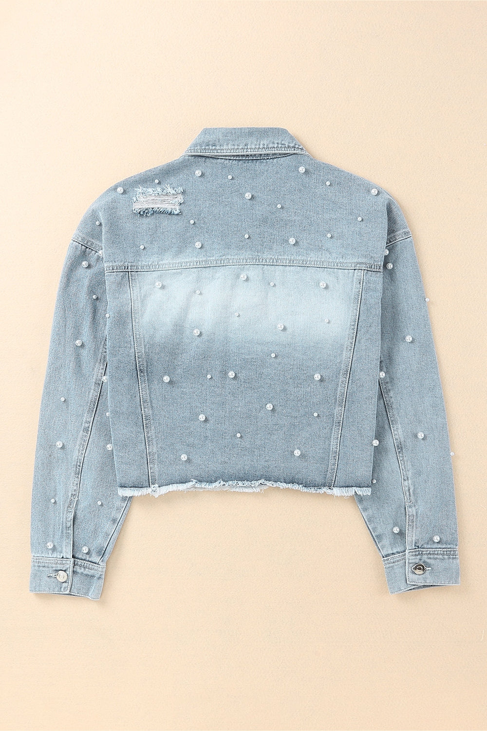 Distressed Pearl Trim Button Up Denim Jacket - Denim Jackets - FITGGINS