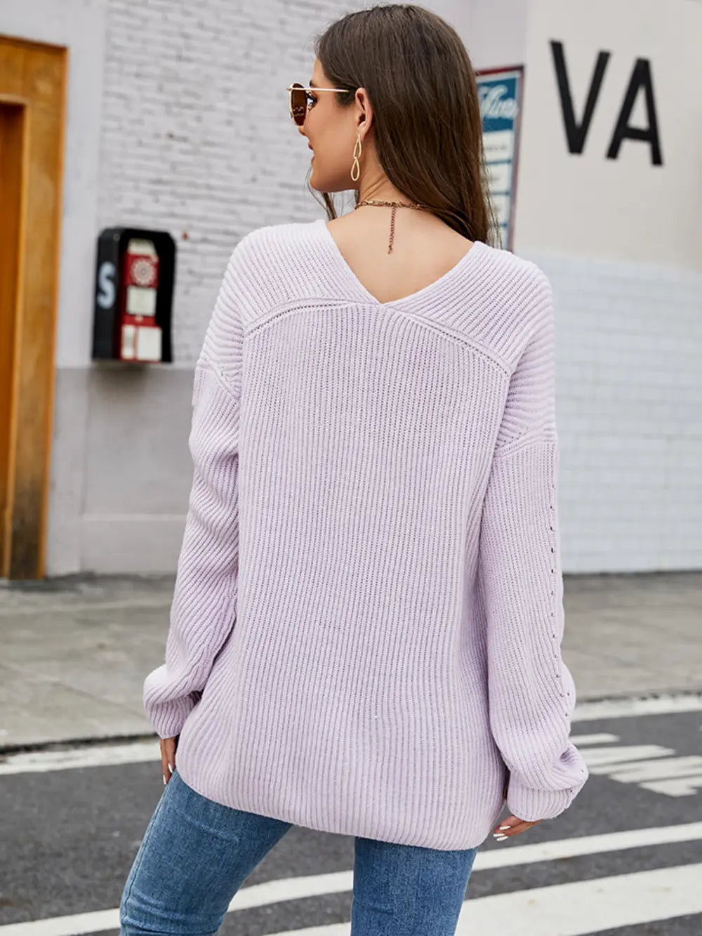 Openwork Dropped Shoulder Long Sleeve Sweater Fitggins