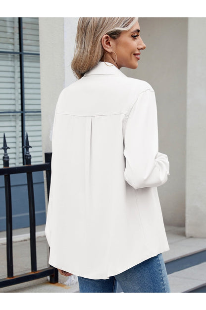 Solid Color Collared Neck Long Sleeve Shirt Fitggins