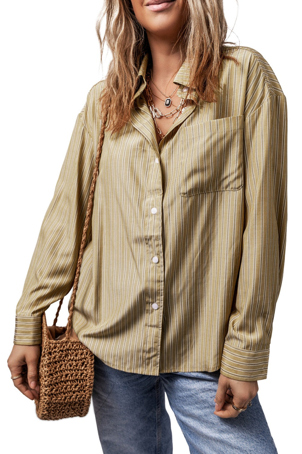 Striped Button Up Long Sleeve Shirt - Shirts - FITGGINS