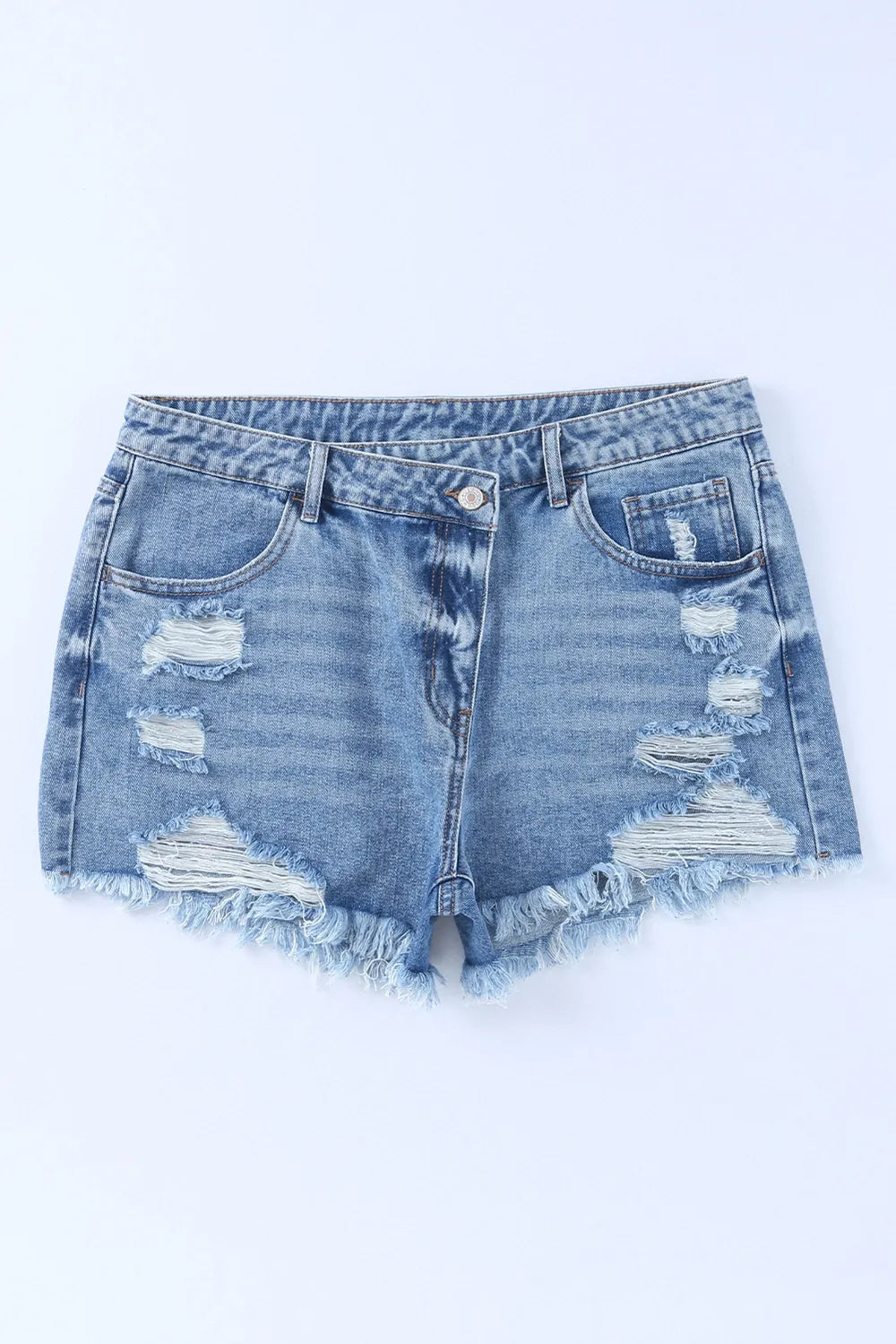 High Rise Crossover Waist Denim Shorts Fitggins