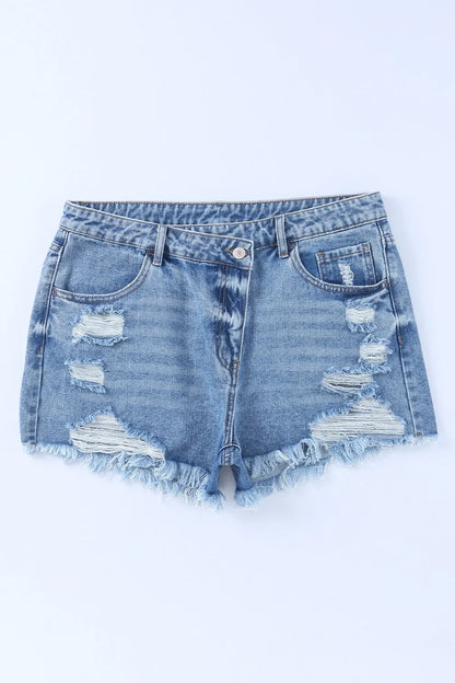 High Rise Crossover Waist Denim Shorts Fitggins