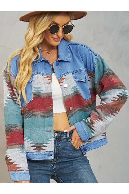 Geometric Button Up Dropped Shoulder Denim Jacket - Denim Jackets - FITGGINS