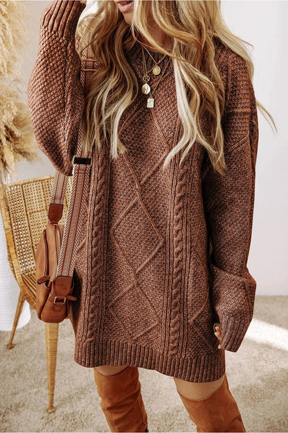 Cable-Knit Round Neck Sweater Dress - Sweater Dresses - FITGGINS