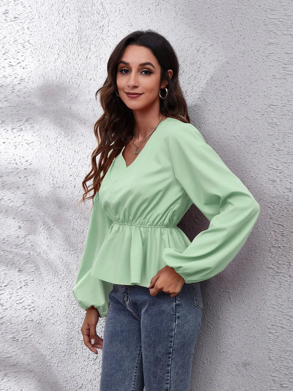 V-Neck Balloon Sleeve Peplum Blouse Fitggins