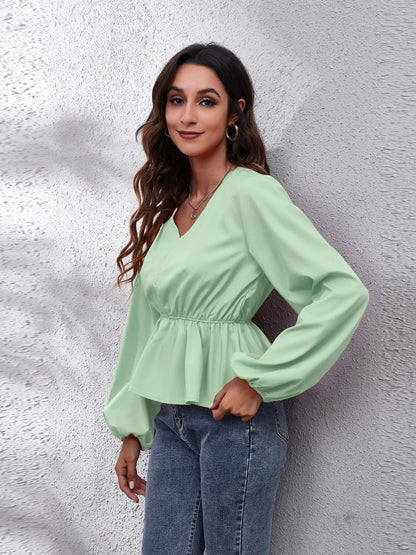 V-Neck Balloon Sleeve Peplum Blouse Fitggins