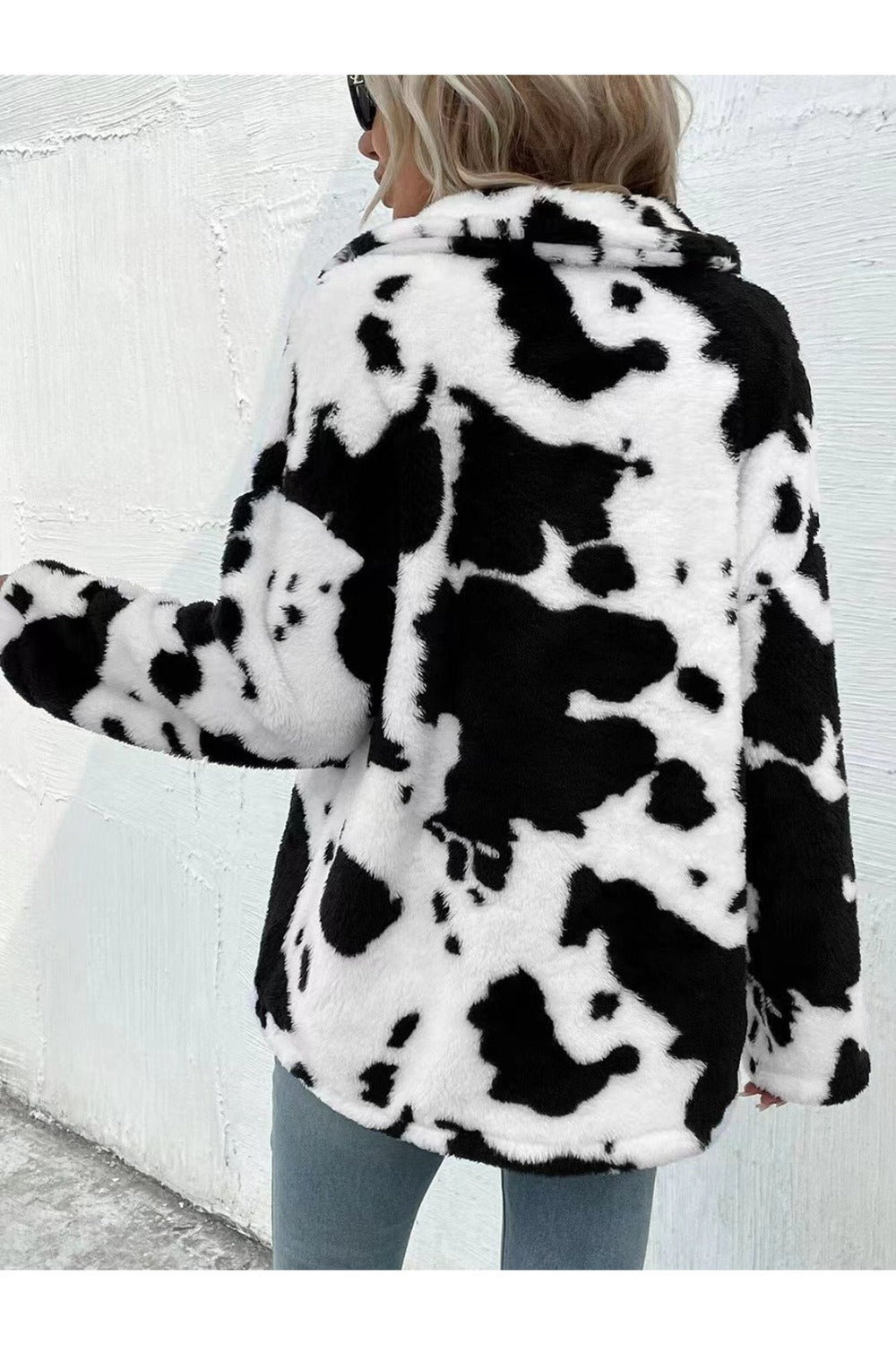 Cow Print Collared Neck Button Up Fuzzy Jacket - Jackets - FITGGINS