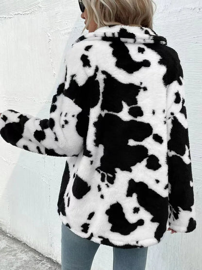 Cow Print Collared Neck Button-Up Fuzzy Jacket Fitggins