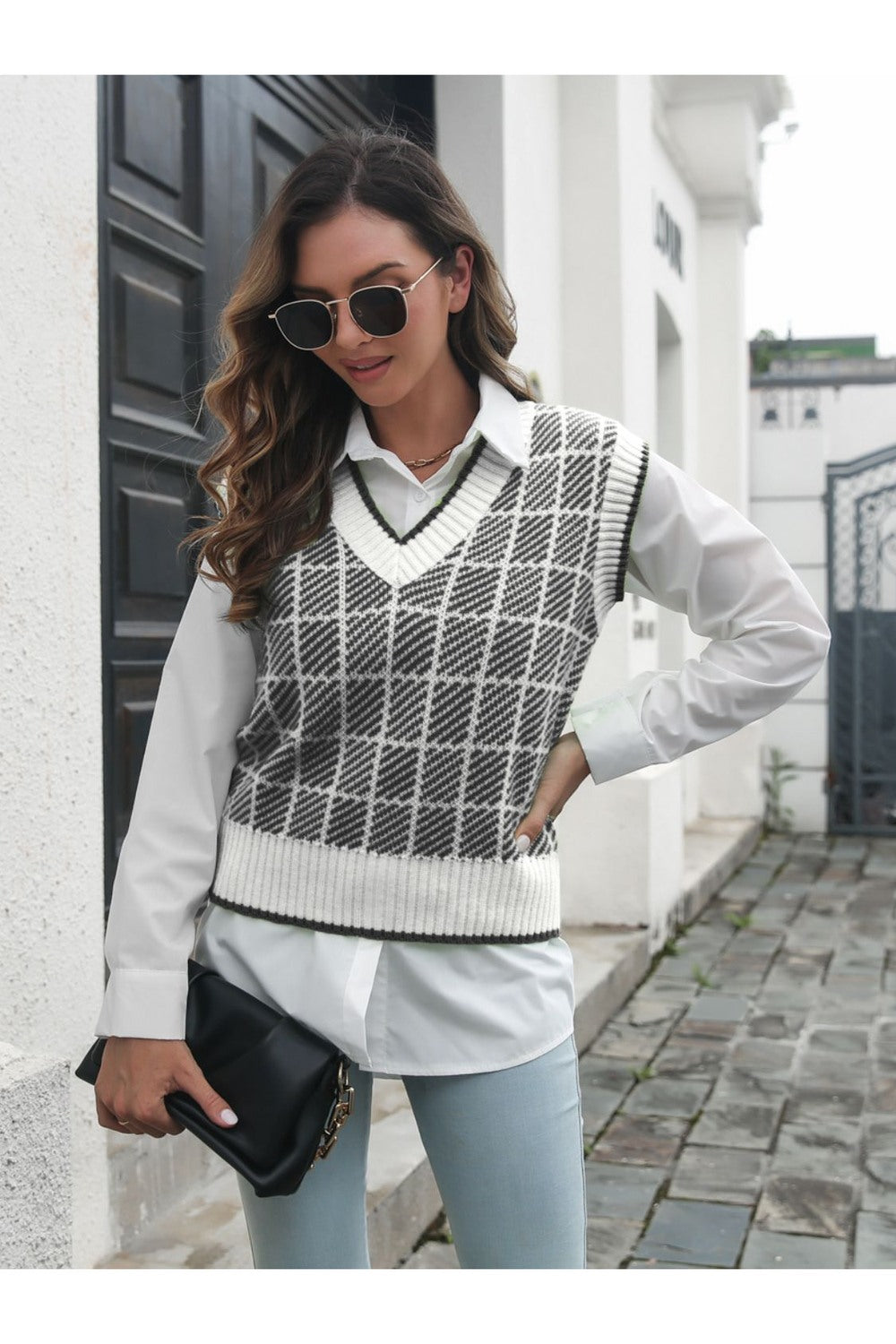 Plaid V-Neck Sweater Vest - Pullover Sweaters - FITGGINS