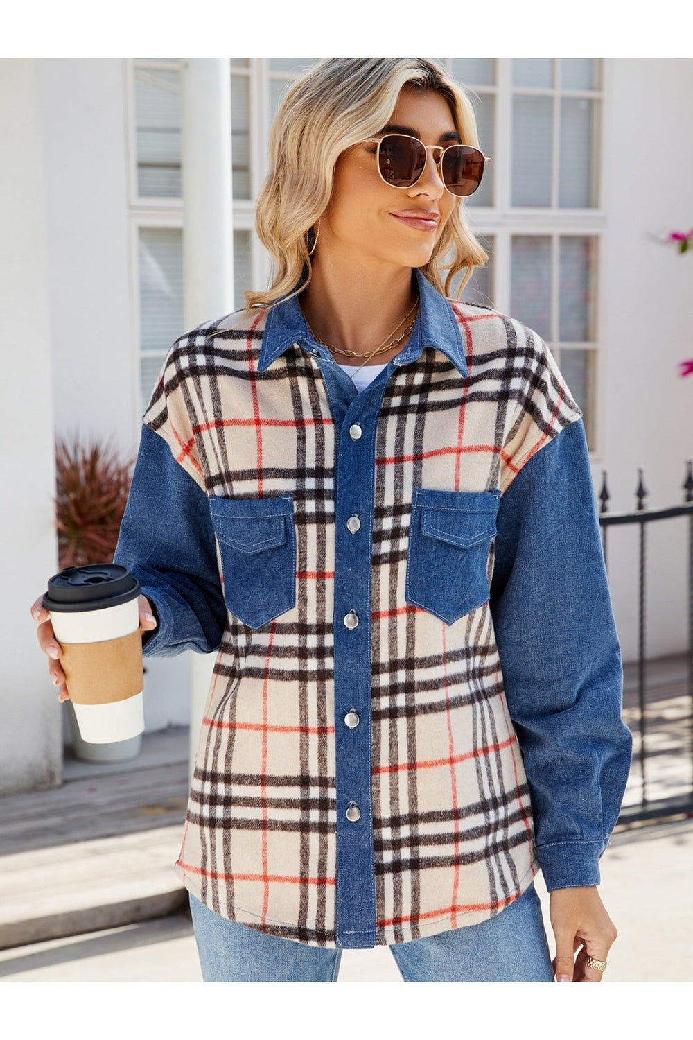 Plaid Long Sleeve Denim Jacket - Denim Jackets - FITGGINS