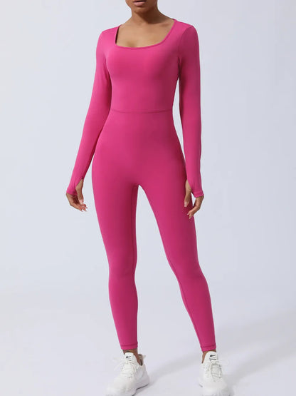 Twisted Backless Long Sleeve Jumpsuit Hot Pink Fitggins