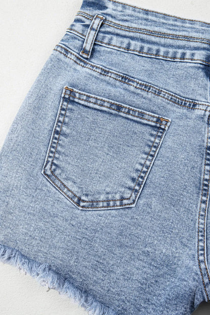 Rhinestone Light Wash Raw Hem High Waist Denim Shorts Fitggins