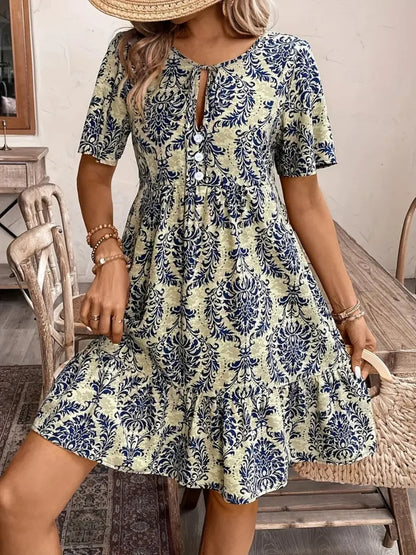 Printed Tie Neck Short Sleeve Dress Beige Fitggins