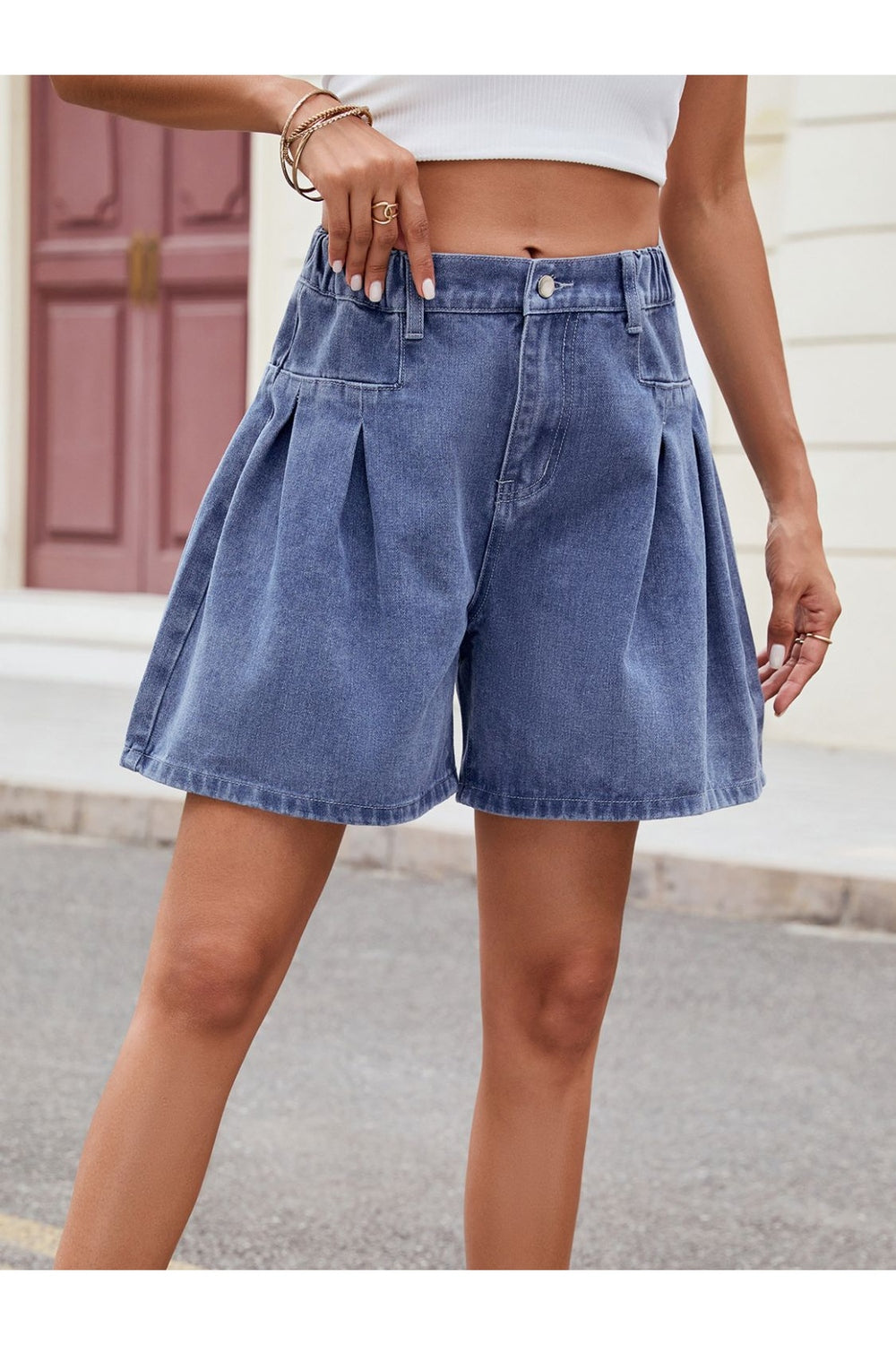 Ruched Half Elastic Waist Denim Shorts - Denim Shorts - FITGGINS