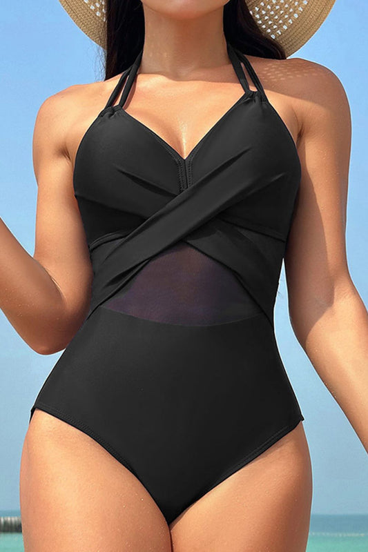 Crisscross Halter Neck One-Piece Swimwear - Swimwear One-Pieces - FITGGINS