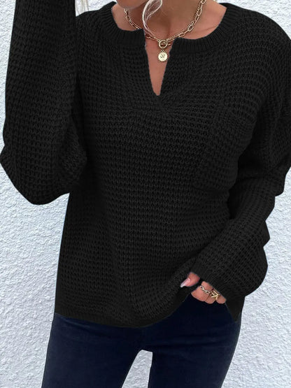 Notched Long Sleeve Sweater Fitggins
