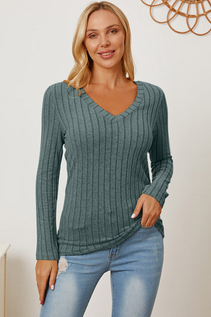 Basic Bae Full Size Ribbed V-Neck Long Sleeve T-Shirt - T-Shirts - FITGGINS