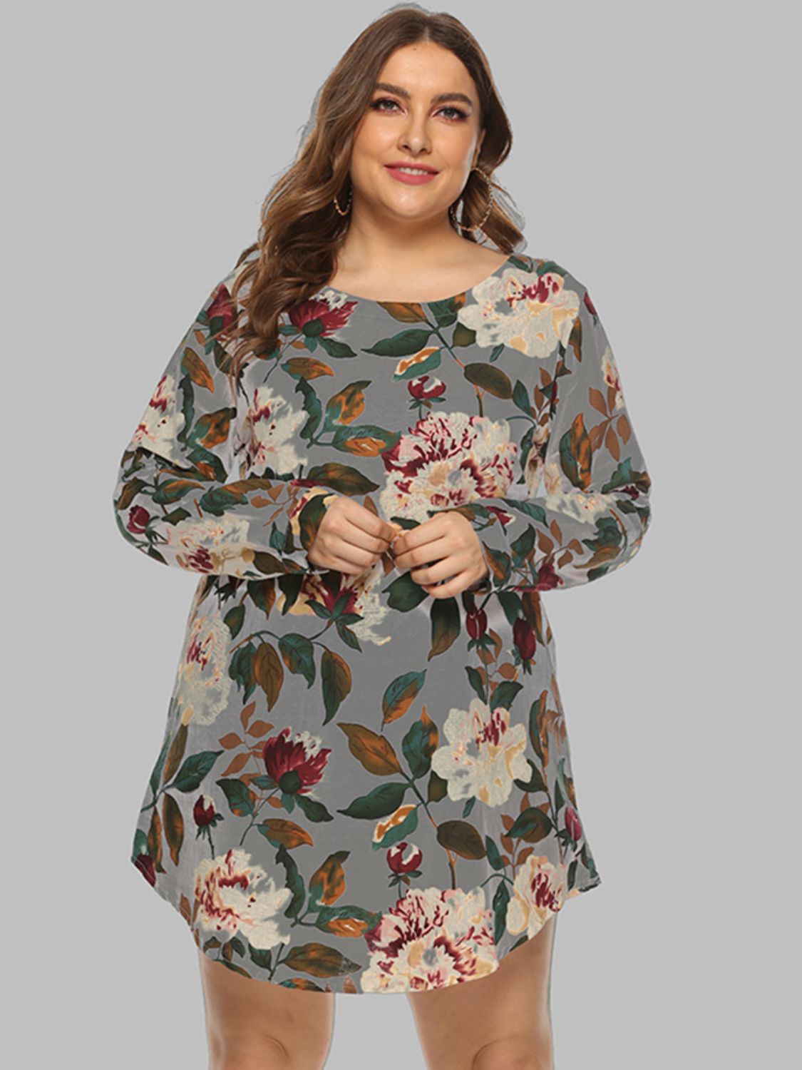 Full Size Floral Long Sleeve Mini Dress Gray Dawn Fitggins