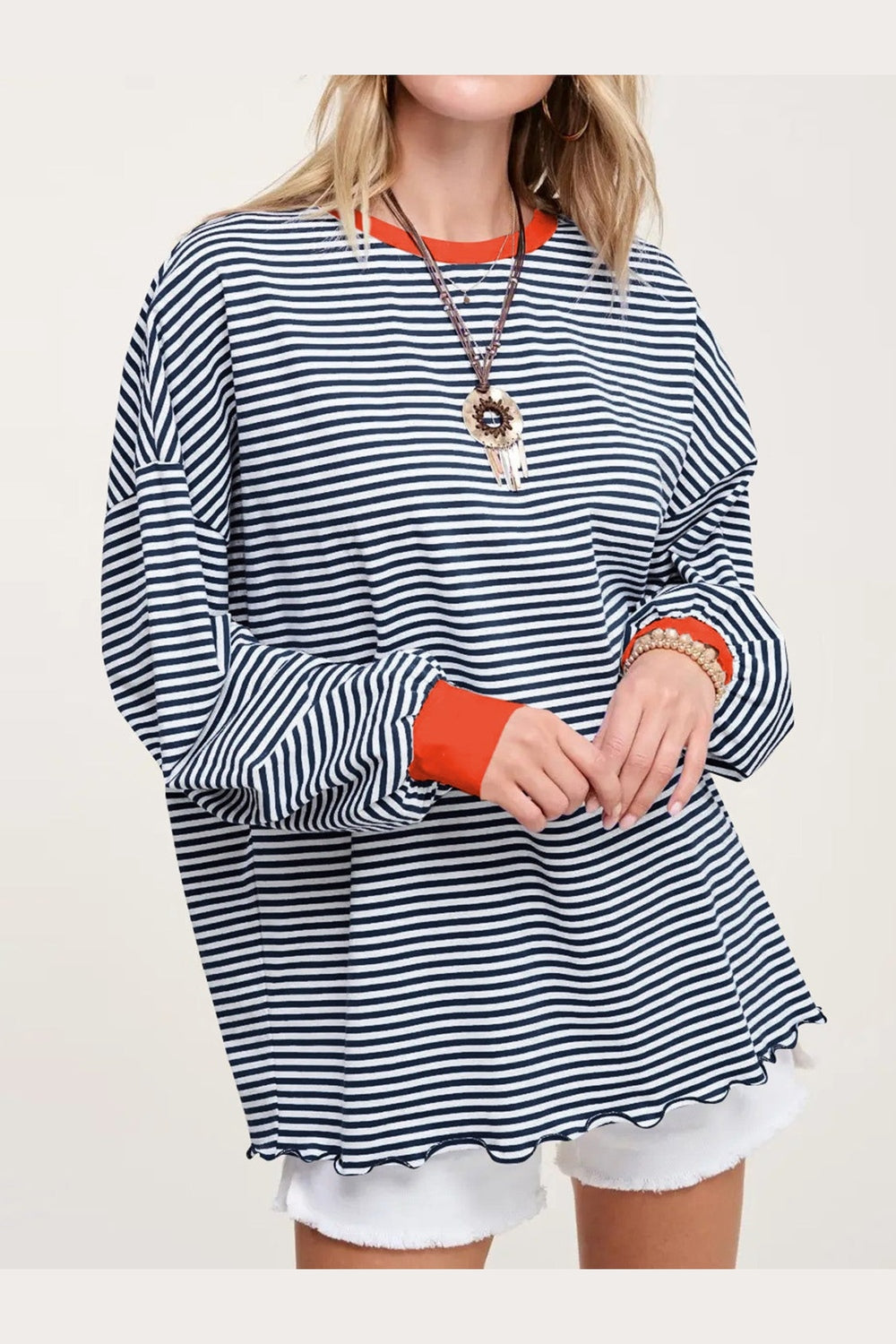 Contrast Striped Long Sleeve Sweatshirt - Sweatshirts & Hoodies - FITGGINS