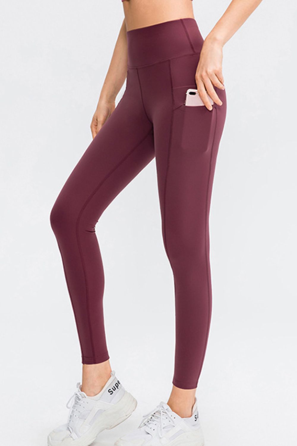 Wide Waistband Slim Fit Long Sports Pants with Pocket Wine Fitggins