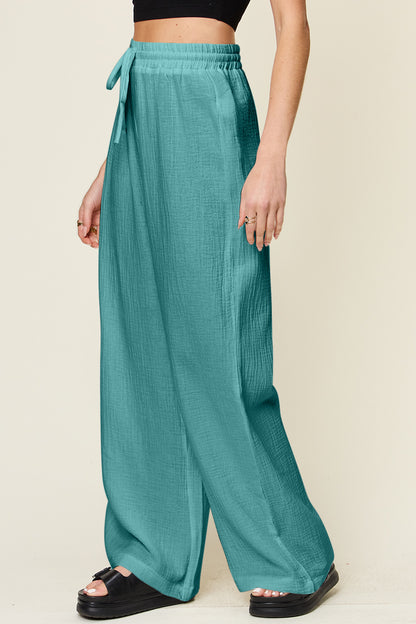 Double Take Full Size Texture Drawstring Wide Leg Pants - Pants - FITGGINS