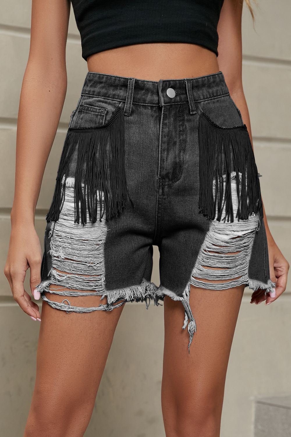 Fringe Trim Distressed Denim Shorts with Pockets Dark Fitggins