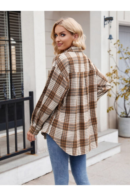 Mandy Pocketed Plaid Collared Neck Long Sleeve Shirt - Shirts - FITGGINS