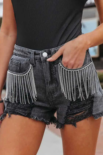 Rhinestone Fringe Distressed Denim Shorts Black Fitggins