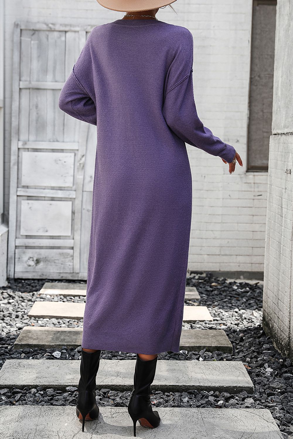 Decorative Button Notched Dropped Shoulder Sweater Dress - Sweater Dresses - FITGGINS