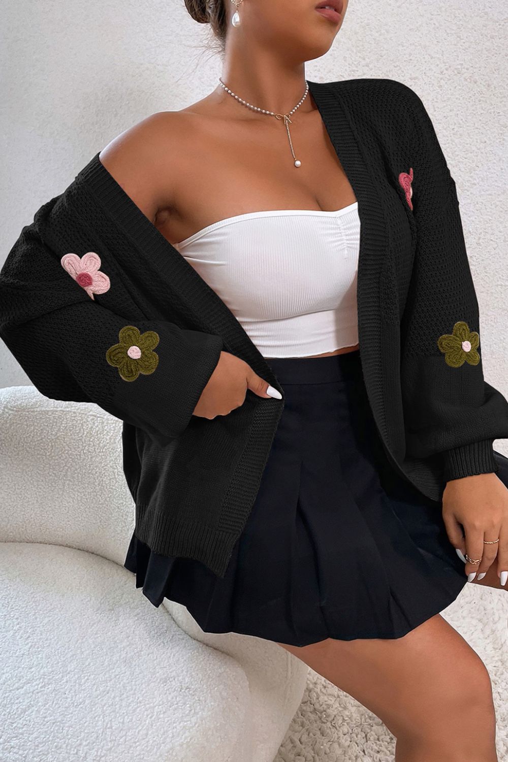 Floral Applique Drop Shoulder Open Front Cardigan - Cardigans - FITGGINS