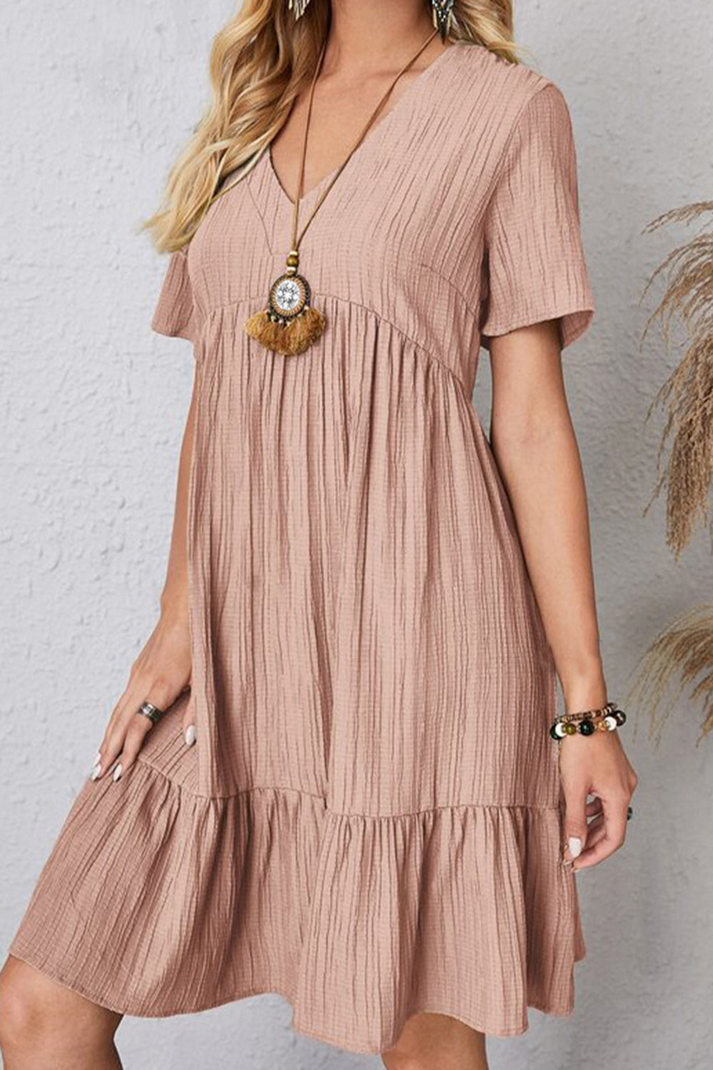 Full Size Ruched V-Neck Short Sleeve Dress - Casual & Maxi Dresses - FITGGINS