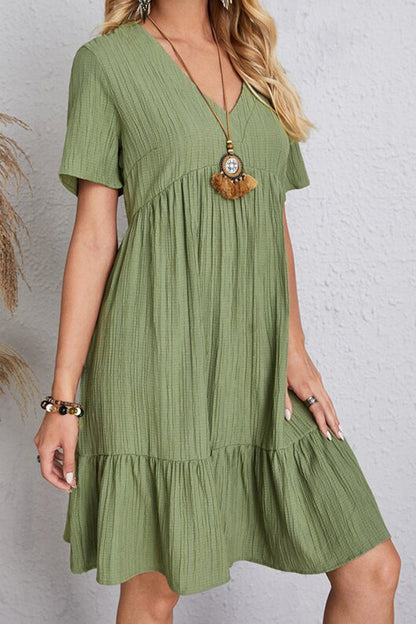 Full Size Ruched V-Neck Short Sleeve Dress - Casual & Maxi Dresses - FITGGINS