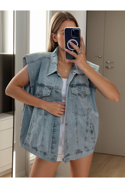 Pocketed Button Up Cap Sleeve Denim Jacket - Denim Jackets - FITGGINS