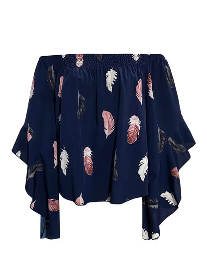 Feather Print Smocked Off-Shoulder Blouse Fitggins