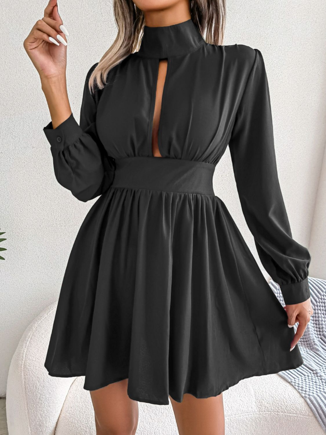 Cutout Turtleneck A-Line Mini Dress Black Fitggins