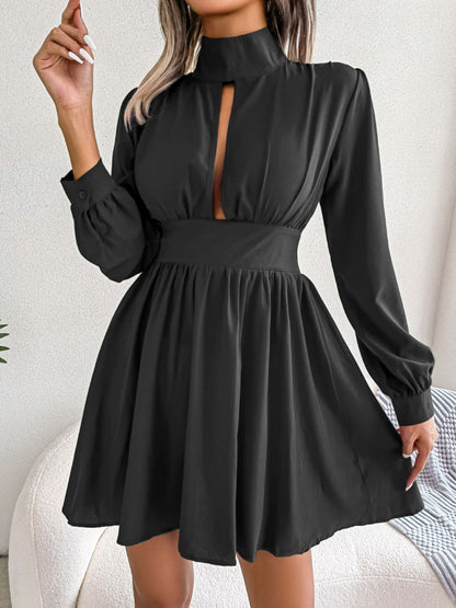 Cutout Turtleneck A-Line Mini Dress Black Fitggins