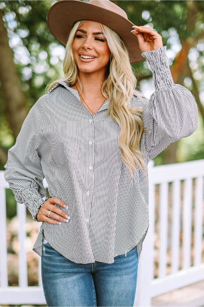 Striped Lantern Sleeve Collared Shirt - Shirts - FITGGINS