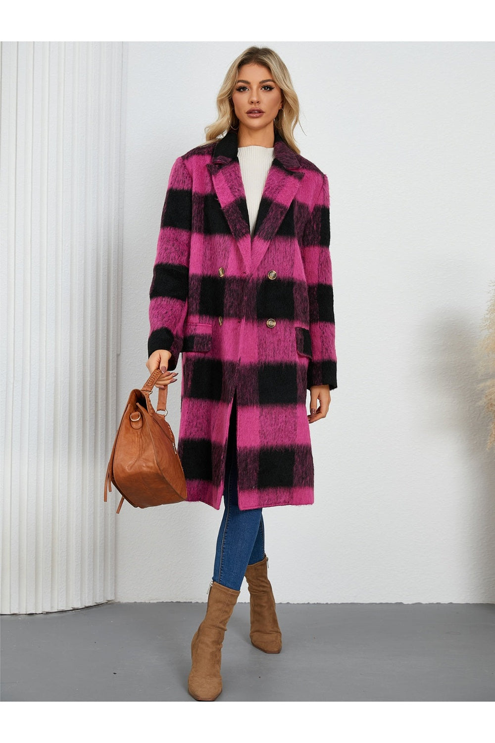 Plaid Double-Breasted Long Sleeve Coat - Jackets - FITGGINS