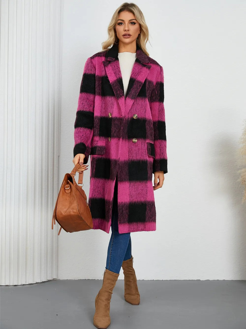Plaid Double-Breasted Long Sleeve Coat Hot Pink Fitggins