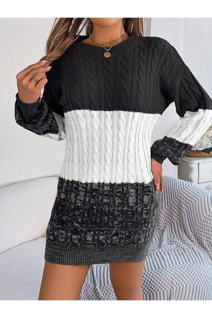 Cable-Knit Round Neck Color Block Sweater Dress - Sweater Dresses - FITGGINS