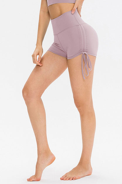 Drawstring Wide Waistband Side Tie Sports Shorts Lavender Fitggins