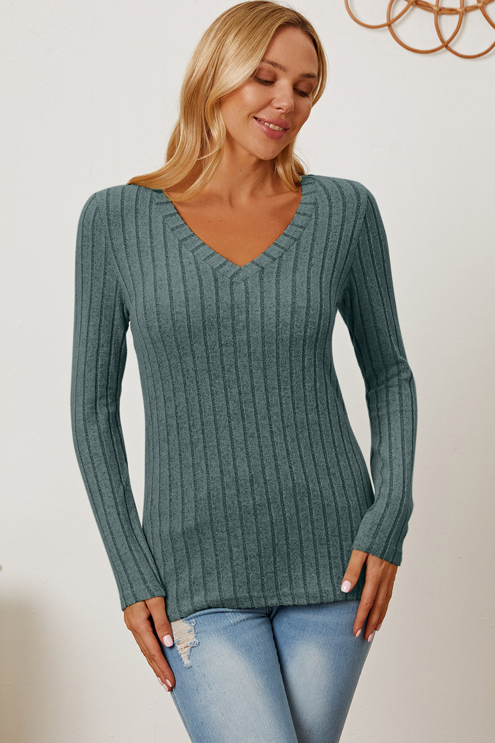 Basic Bae Full Size Ribbed V-Neck Long Sleeve T-Shirt - T-Shirts - FITGGINS