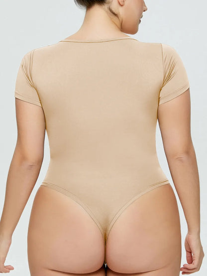 Full Size Square Neck Short Sleeve Bodysuit Tan Fitggins