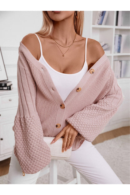 V-Neck Button Up Raglan Sleeve Cardigan - Cardigans - FITGGINS